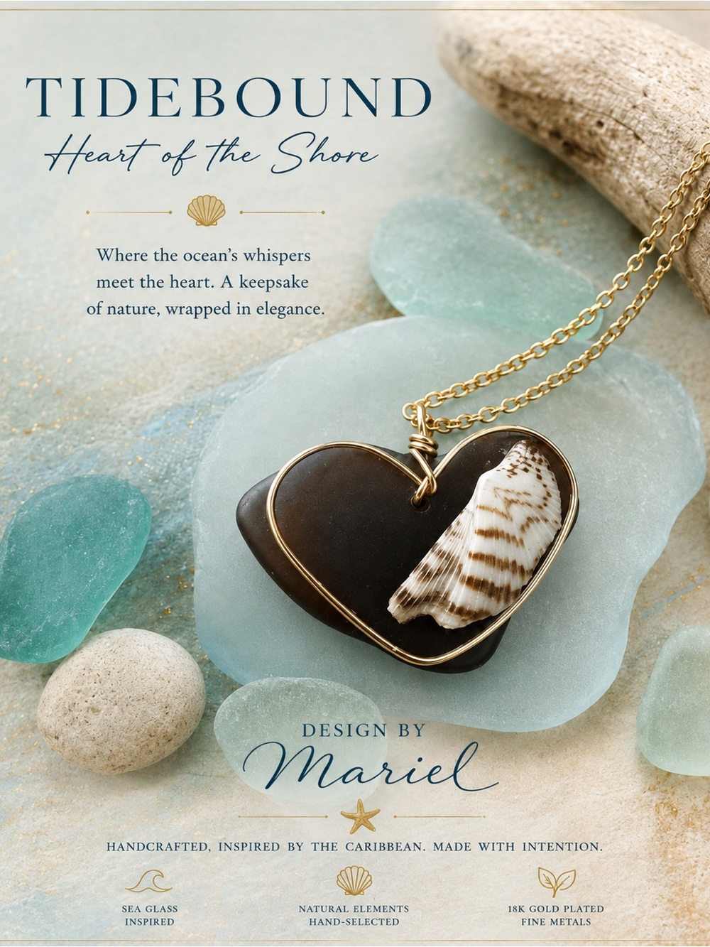 Design by Mariel Handmade Caribbean Sea Glass Heart Necklace 18K Gold Plated